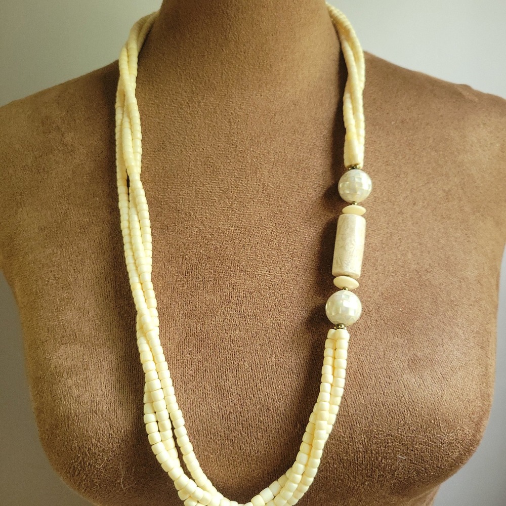 Vintage Cream Multi Strand Shell Bead Mother of Pearl Necklace 28 Inch Coastal